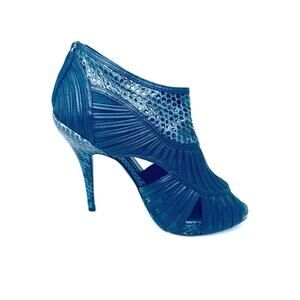 Christian Dior vintage Navy Snakeskin Embossed Open Toe Cutout Booties Size 37